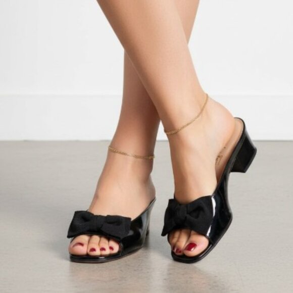 SALVATORE FERRAGAMO VERA VARA HEELS MULE PEEP TOE SLIP ON BLACK RIBBON BOW 7.5 B - Picture 2 of 16